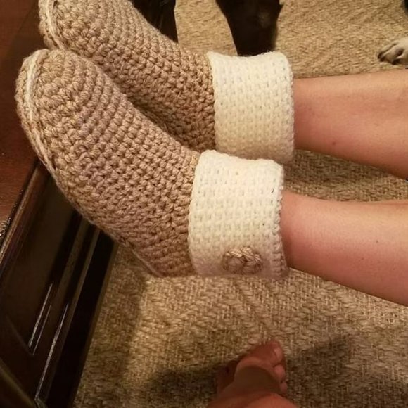 Crochet Slipper Boots with Eco Leather Soles, Women Slippers, Ankle Boots - Picture 3 of 4